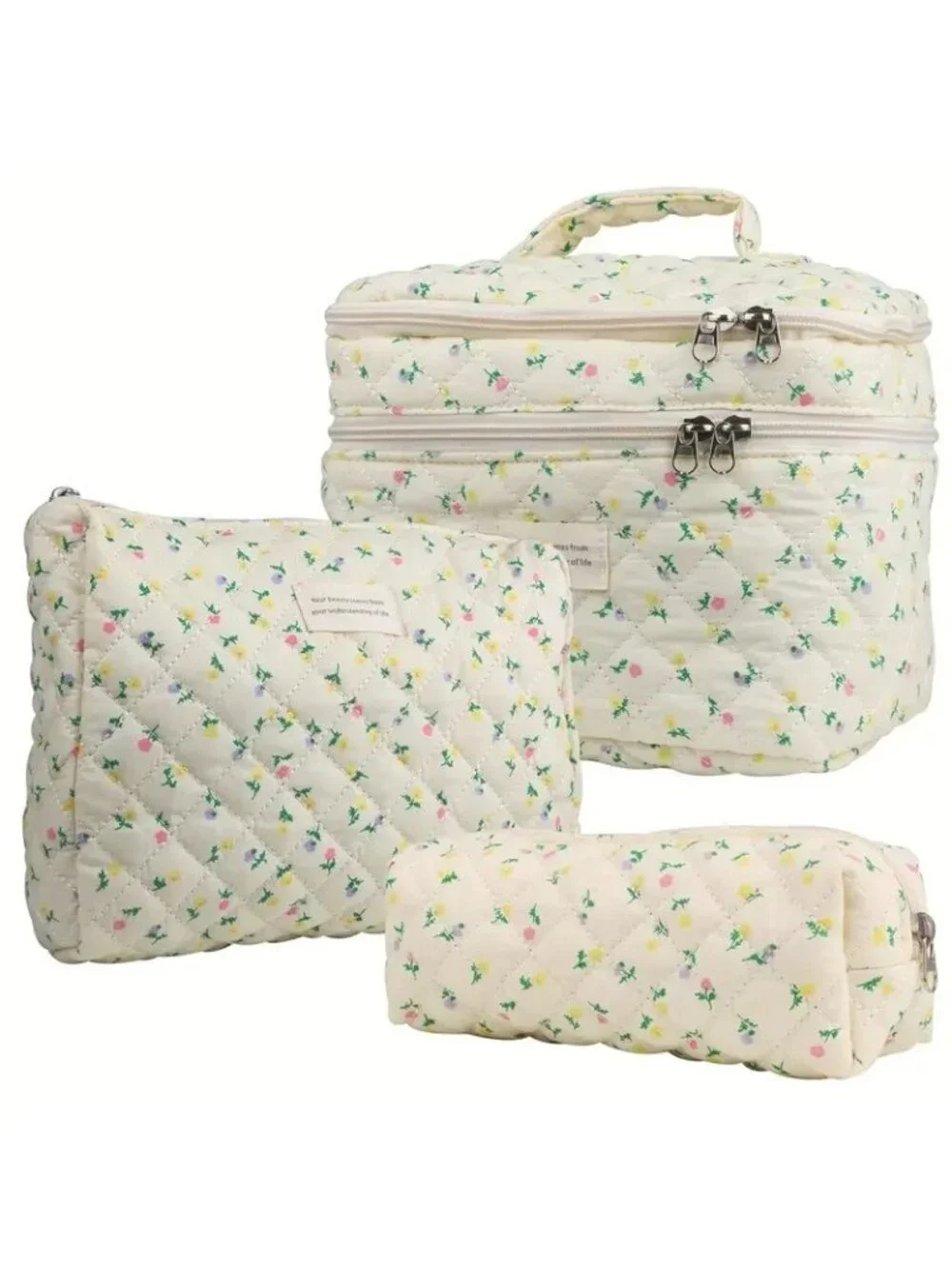 3 Pc Quilted Zip Floral Makeup Bag Set Wildflower Cosmetic Toiletry Travel Gift
